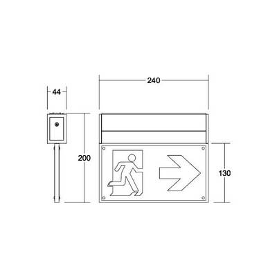 Technische Zeichnung mit einem Notausgangsschild. Ein Pfeil zeigt nach rechts. Maße: 240x130 mm. Rechteckige Form.