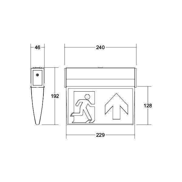 Technische Zeichnung eines Notausgangsschilds. Maße: 240x192x46 mm. Piktogramm zeigt laufende Person und Pfeil nach oben.
