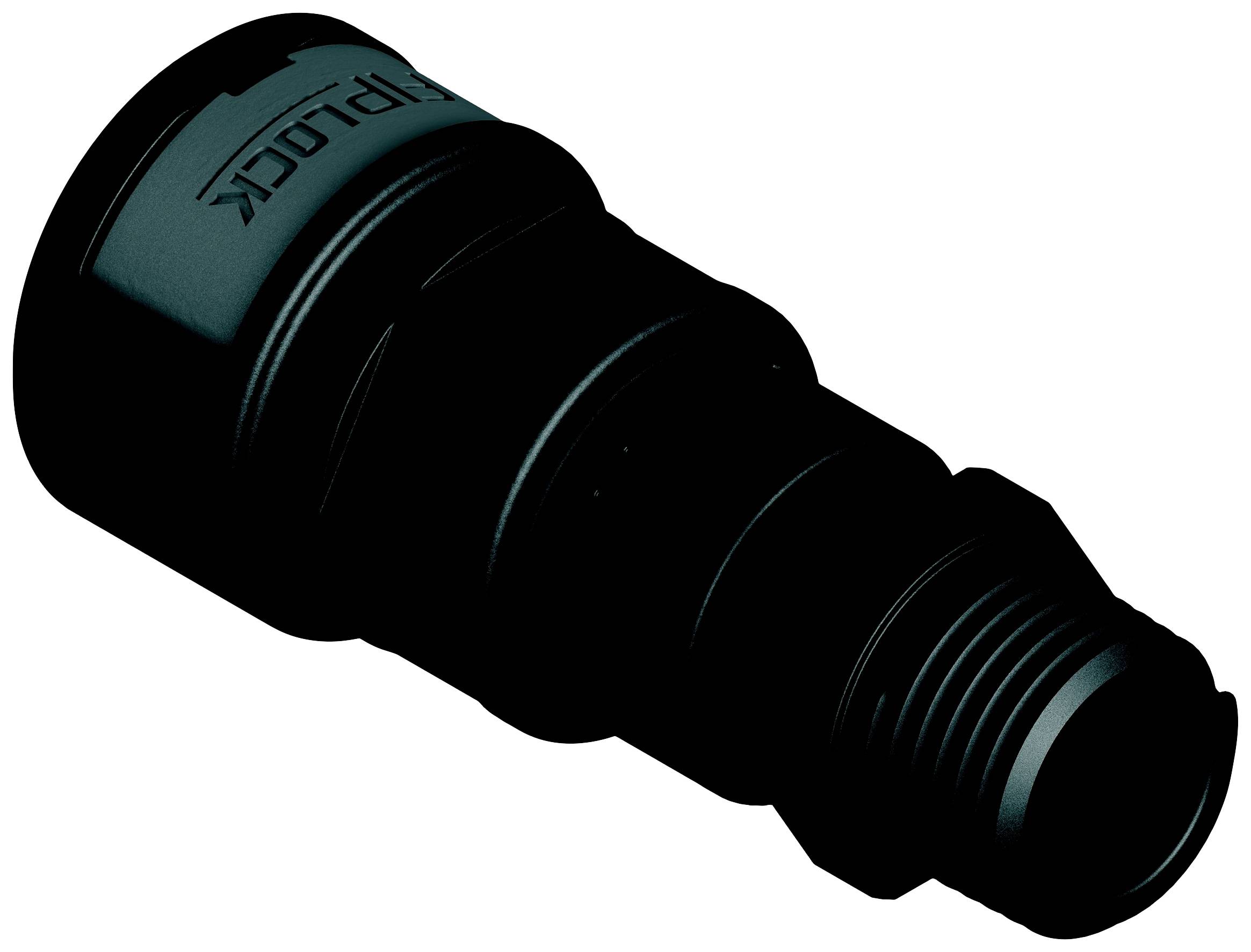 Ein schwarzer, zylindrischer Adapter mit Gewinde und der Aufschrift 'HIPLOK' auf der Oberfläche. Geeignet zur Verbindung von Schläuchen oder Rohren.