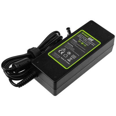 Ein schwarzes Netzteil mit grünem Label, Spezifikationen 'Output: 19V, 4.74A', mehrere Symbole und Made in China Hinweis.