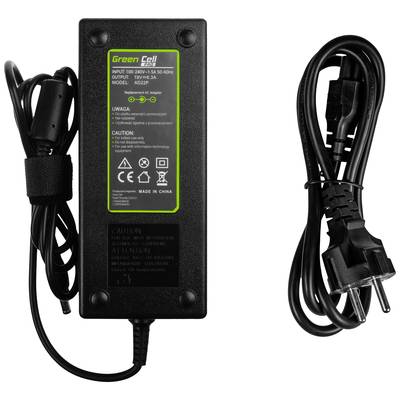 Schwarzes Netzteil 'Green Cell' mit Kabel. Eingang: 100-240V, Ausgang: 24V 3A. Hinweise zur Sicherheit auf der Vorderseite.