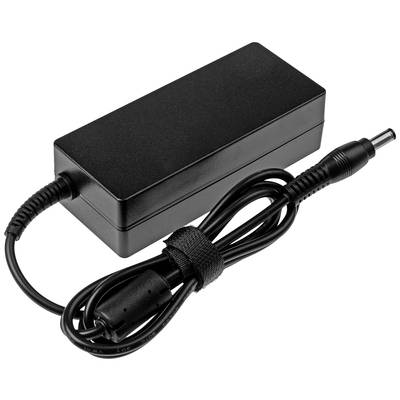Ein schwarzes Laptop-Ladegerät mit integriertem Kabel und Stecker. Das Kabel ist aufgerollt und mit einem Klettverschluss gesichert.