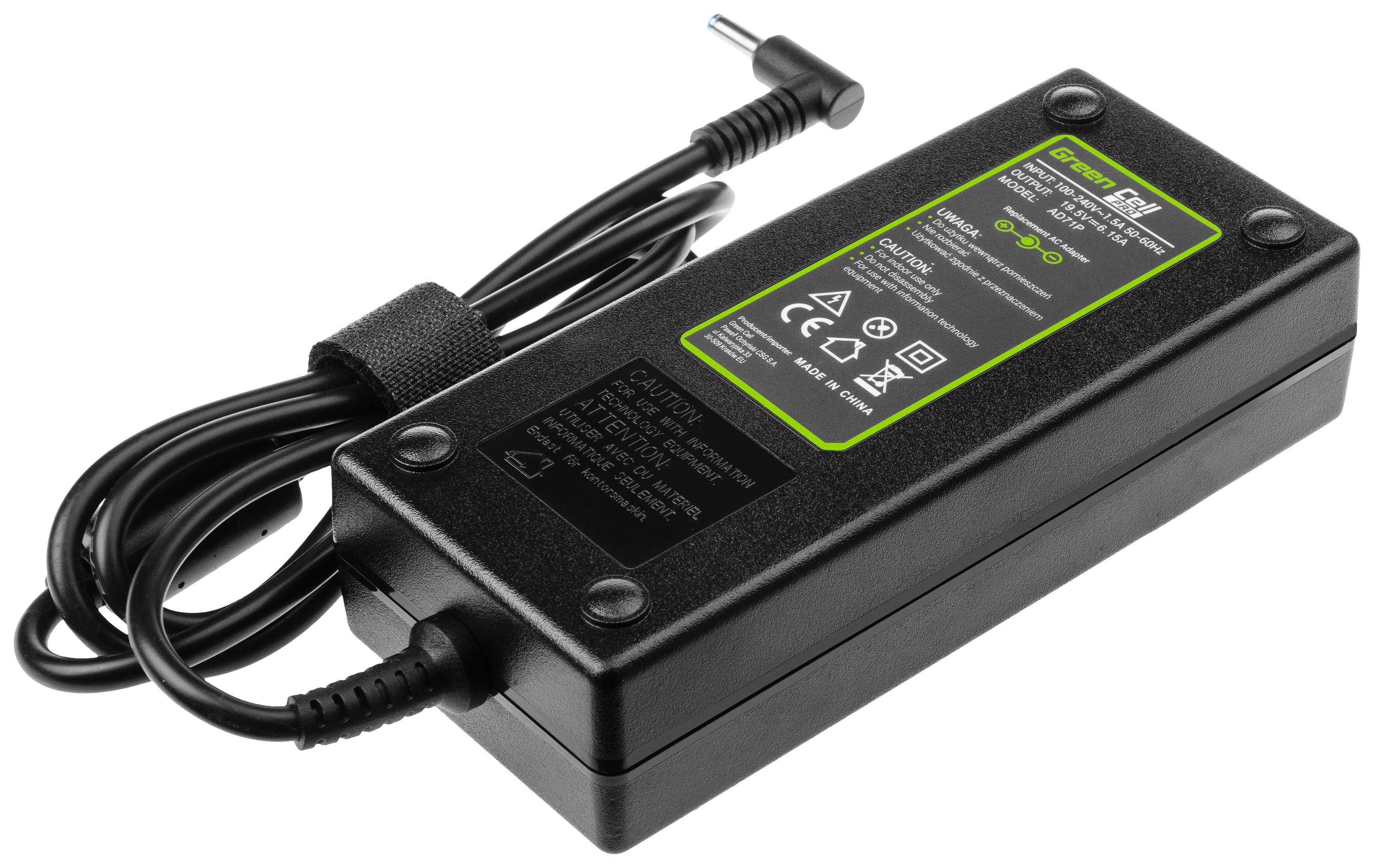 Ein schwarzes Laptop-Netzteil mit einem angebrachten Kabel. Aufkleber zeigt Spezifikationen wie Spannung und Stromstärke.