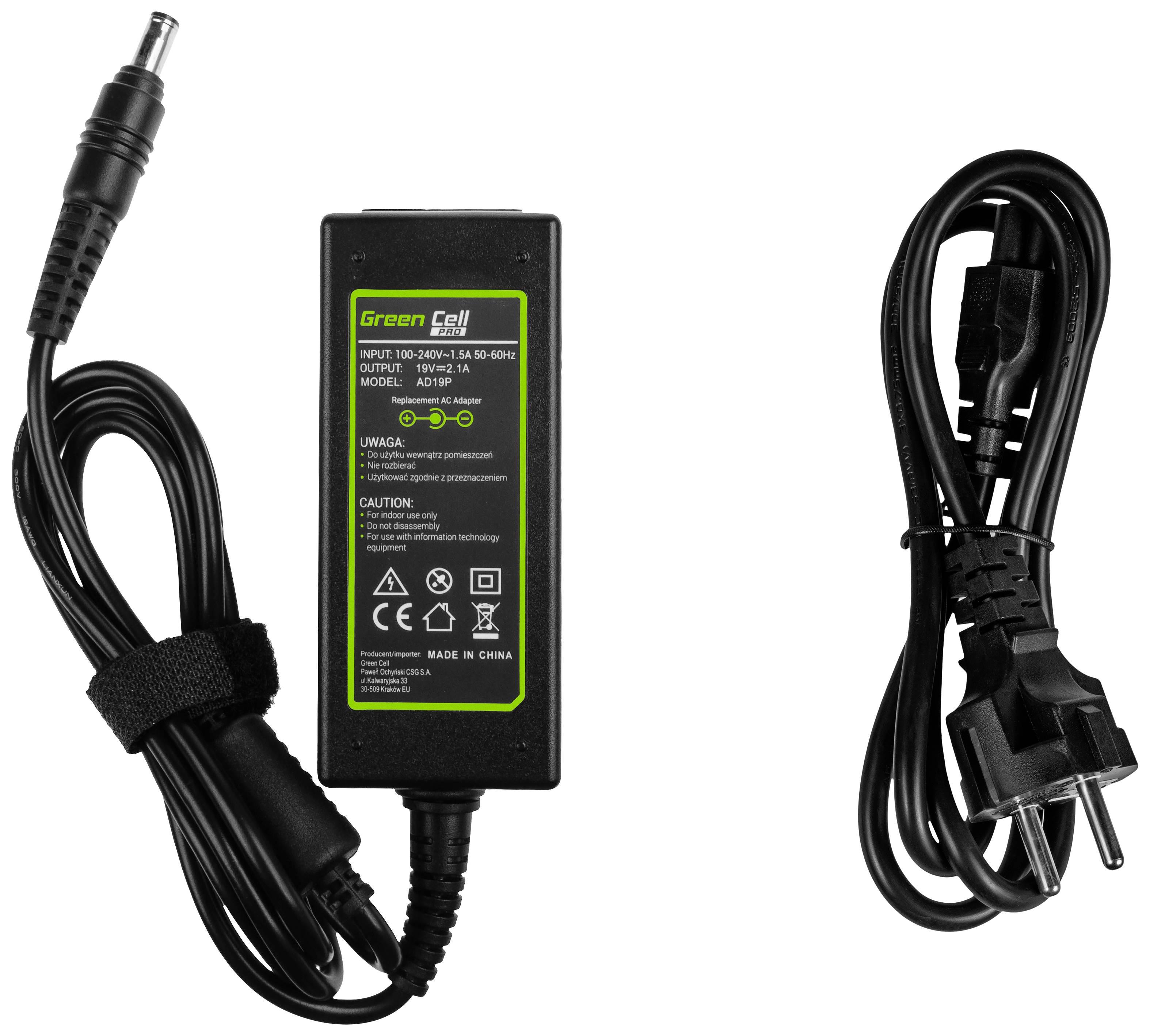 Netzteil mit Kabel; Beschriftung: 'Green Cell', Ausgabe 19V, 2.37A, Modell AD21. Symbolbeschriftungen für Spannung und Sicherheitsinformationen.