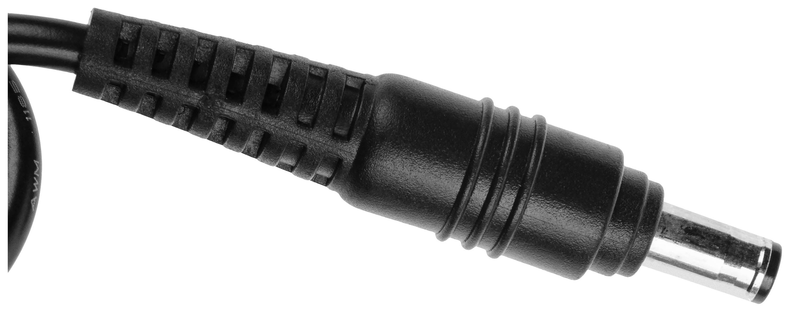 Schwarzer DC-Stecker mit geriffelter Oberseite und Metallkontakt, geeignet zum Anschluss von Elektrogeräten an eine Stromquelle.