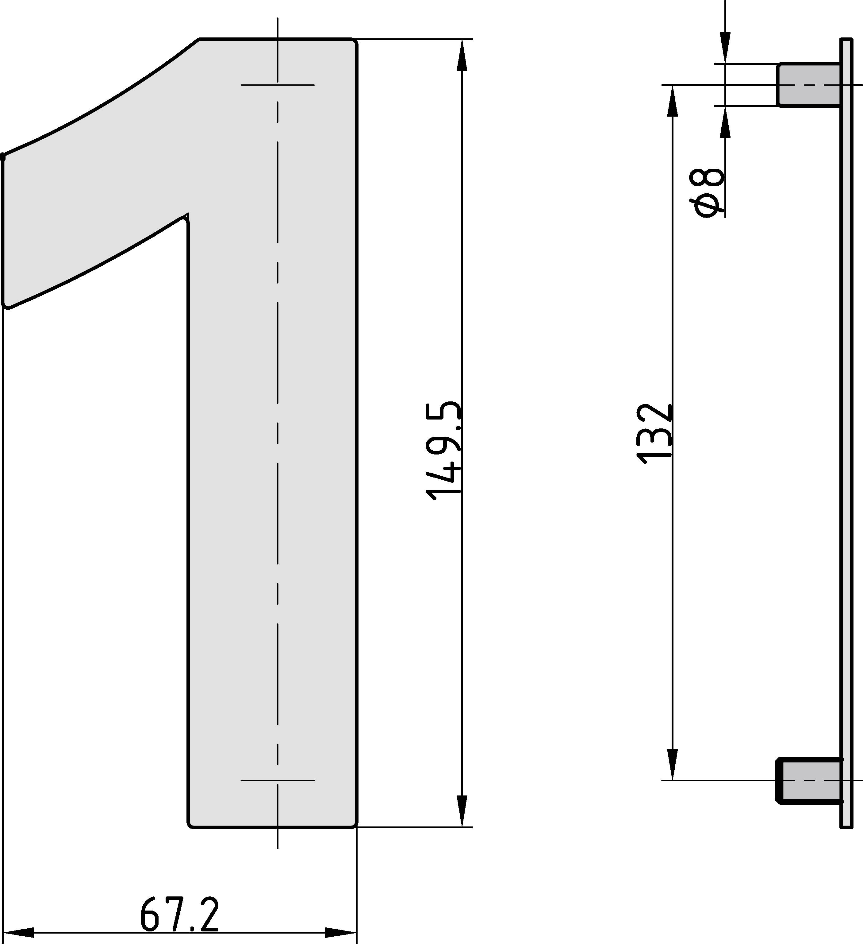 Technische Zeichnung der Zahl '1' mit Bemaßungen: Breite 67,2 mm, Höhe 149,5 mm, Tiefe 132 mm, Durchmesser der Bohrung 8 mm.