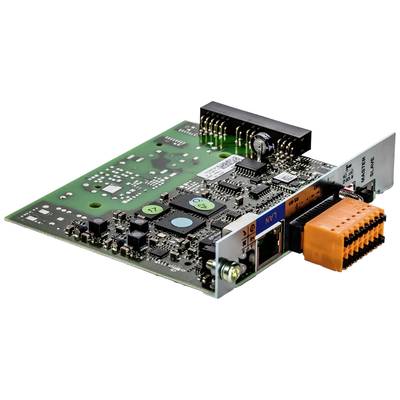 Elektronische Platine mit verschiedenen Chips und Anschlüssen, darunter ein orangefarbener Steckverbinder auf der rechten Seite.