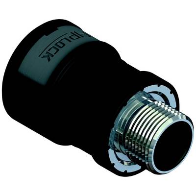 Ein schwarzer, metallischer Rohrverbinder mit Gewinde, der für industrielle Anwendungen zur sicheren Verbindung von Rohren verwendet wird.