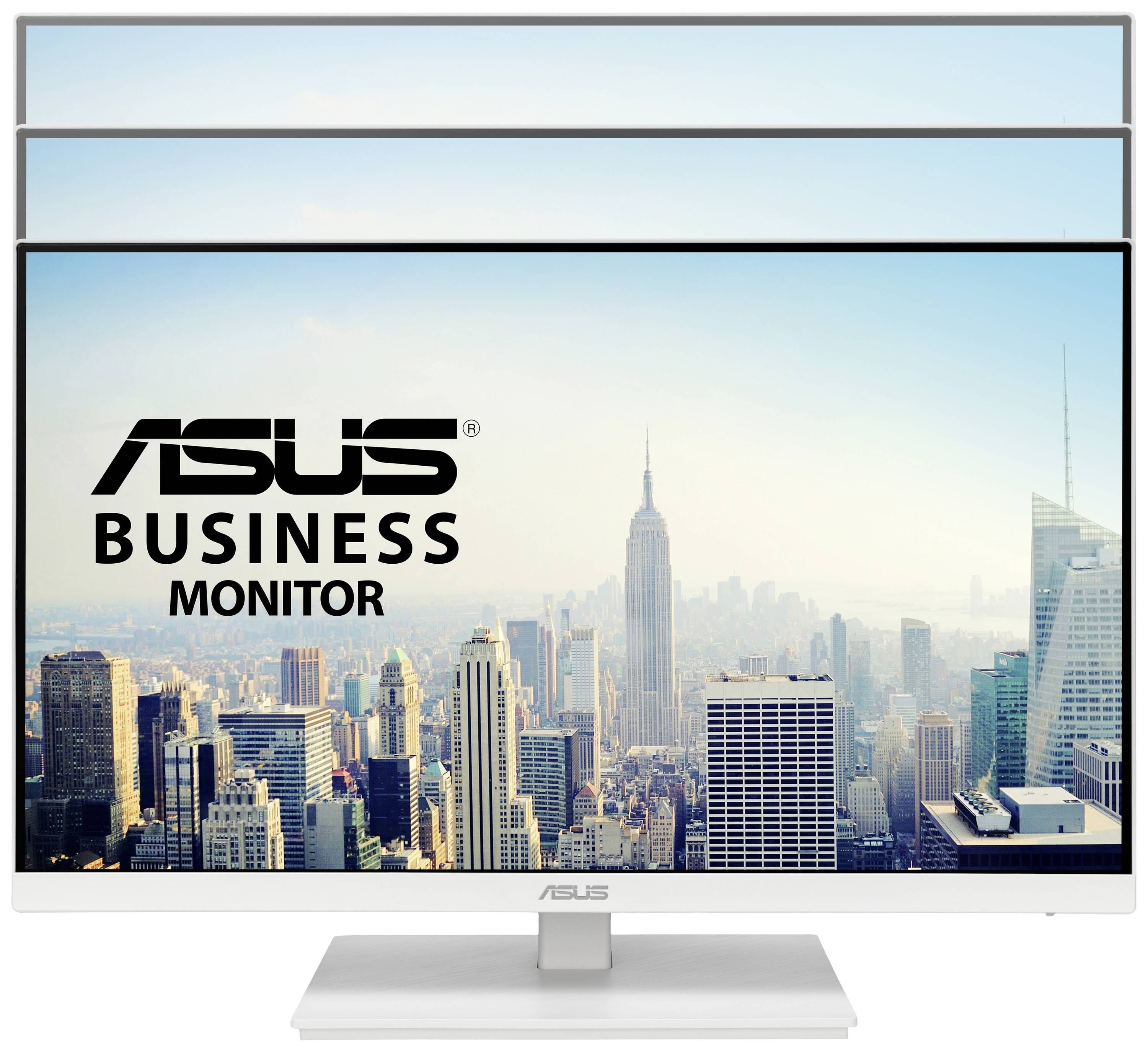 Ein ASUS Business Monitor zeigt eine Skyline mit hohen Gebäuden bei klarem Himmel. Das ASUS-Logo ist auf dem Bildschirm sichtbar.