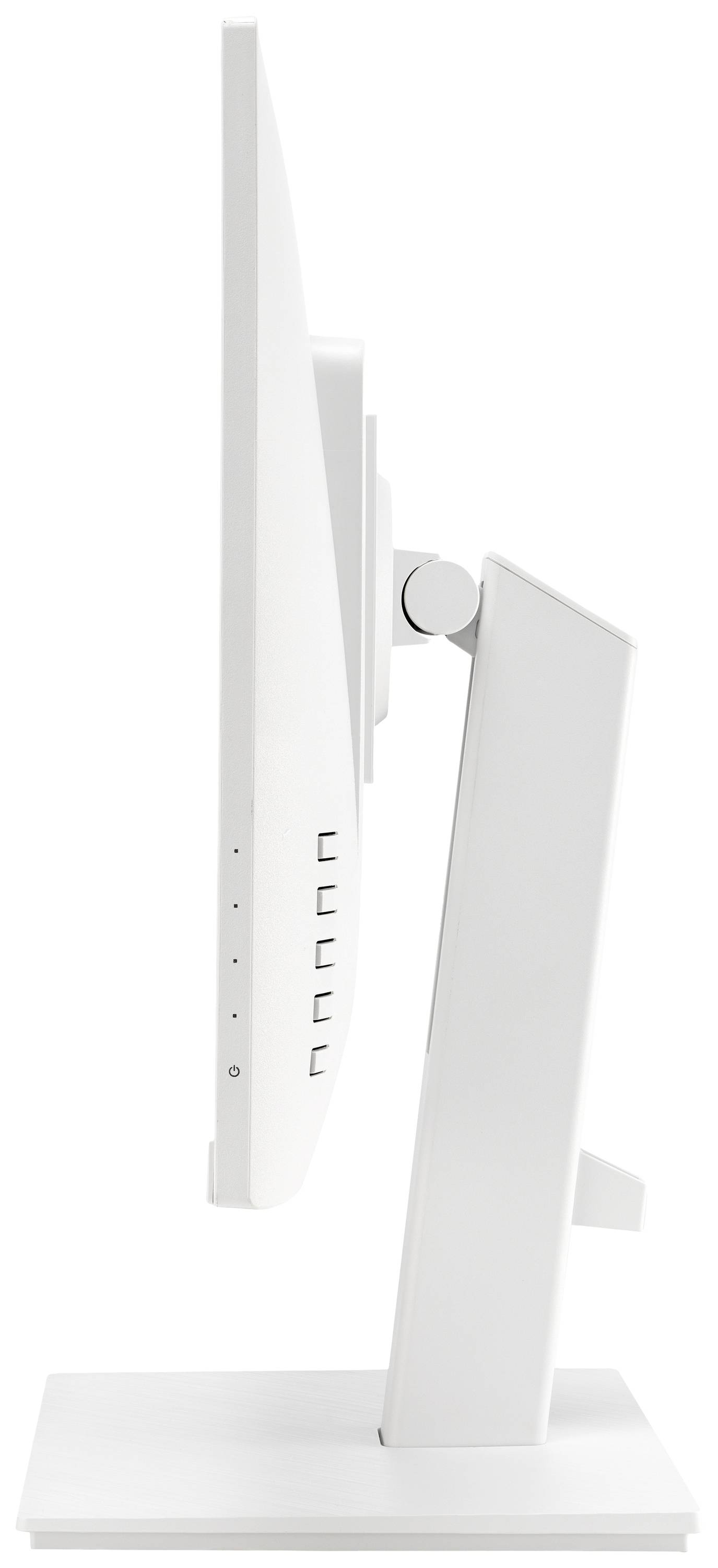 Ein seitlich fotografierter weißer Computermonitor mit verstellbarem Ständer, der Tasten an der Seite zeigt.