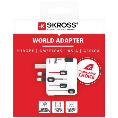 'SKROSS World Adapter' Verpackung, zeigt einen internationalen Adapter mit Stecker für EU, UK, USA, AUS und CH. Regionen: Europa, Amerika, Asien, Afrika.
