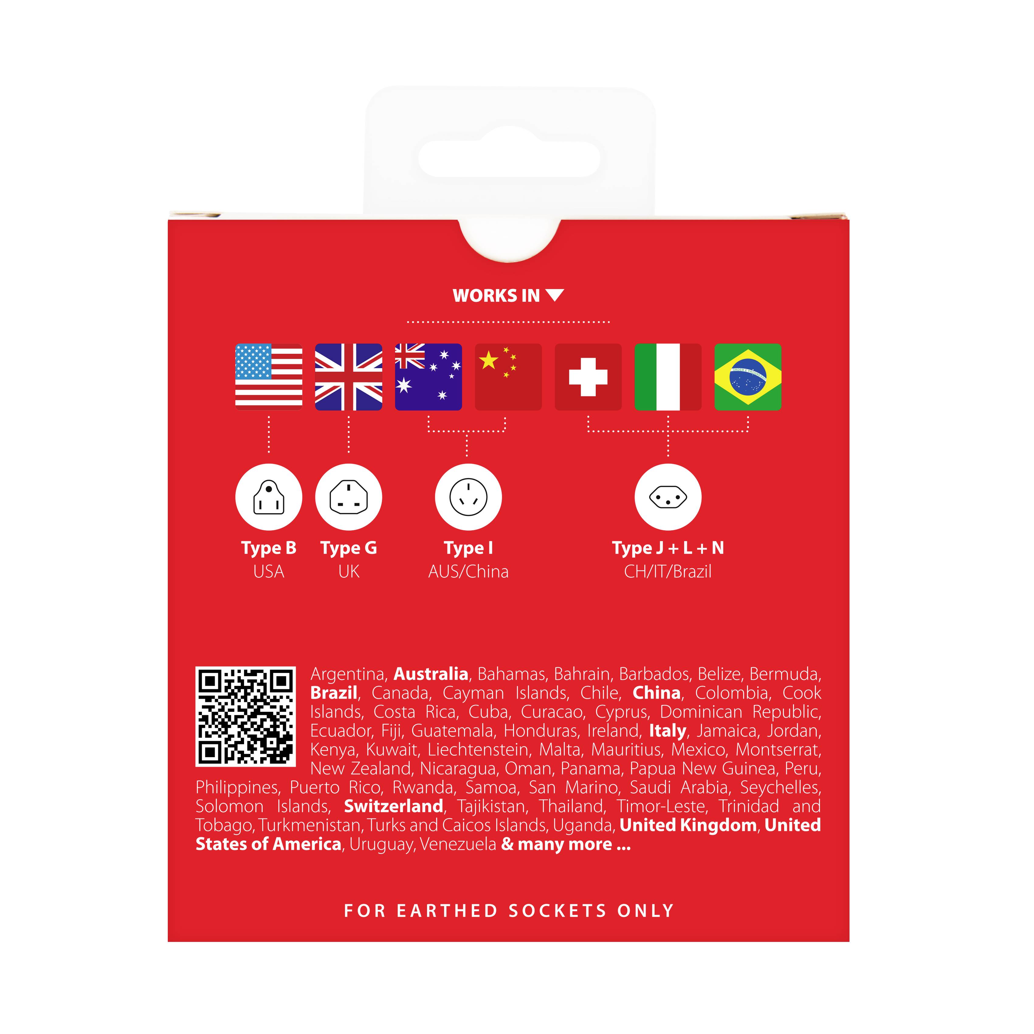 Rote Verpackungsrückseite mit internationalem Adapter-Steckdosentyp-Diagramm für Typ B, I, G, L, N. Auflistung vieler Länder.