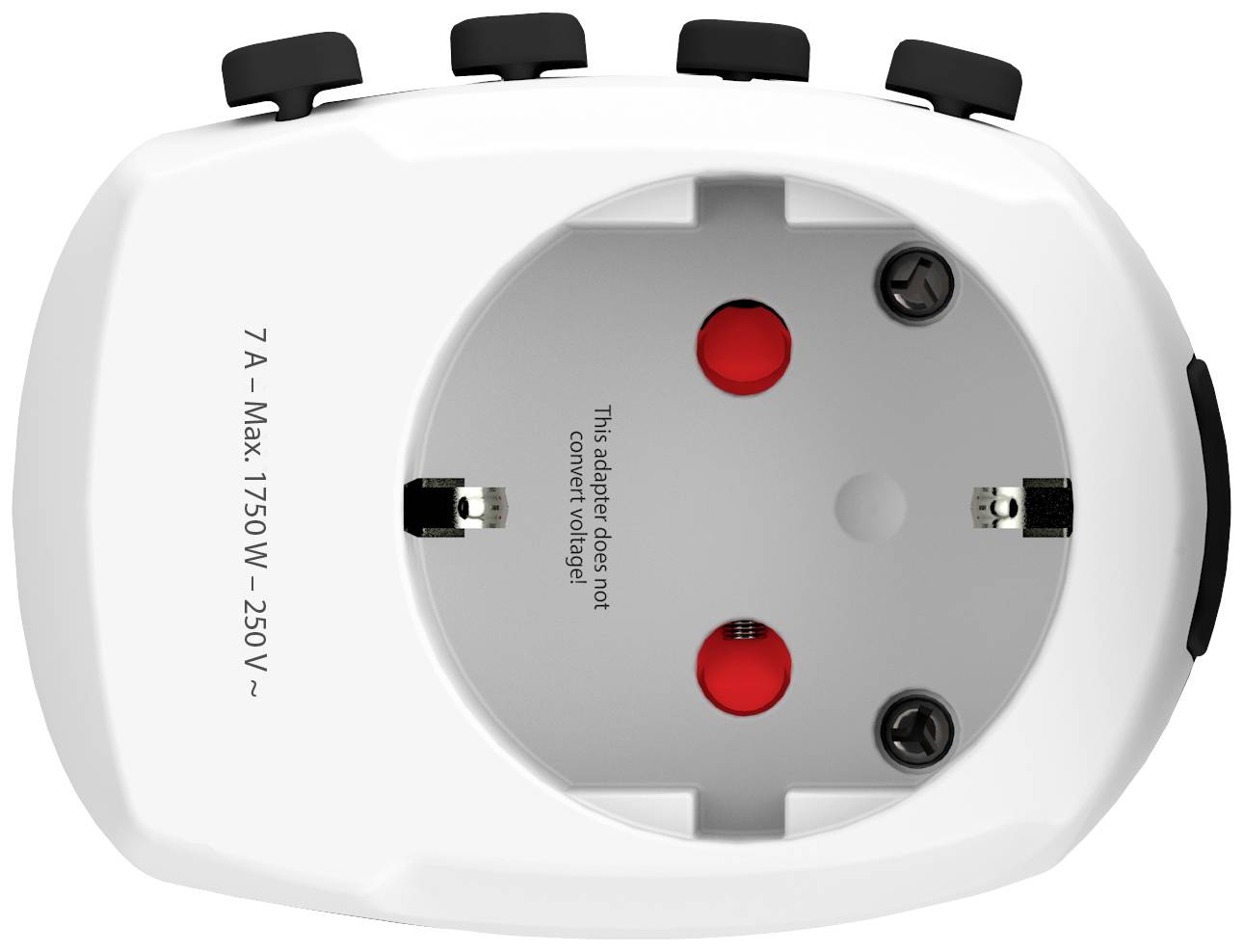 Weißer Steckdosenadapter mit zwei Steckplätzen und schwarzem Schalter. Maximal 7 Ampere, 1750 Watt. 250 Volt.