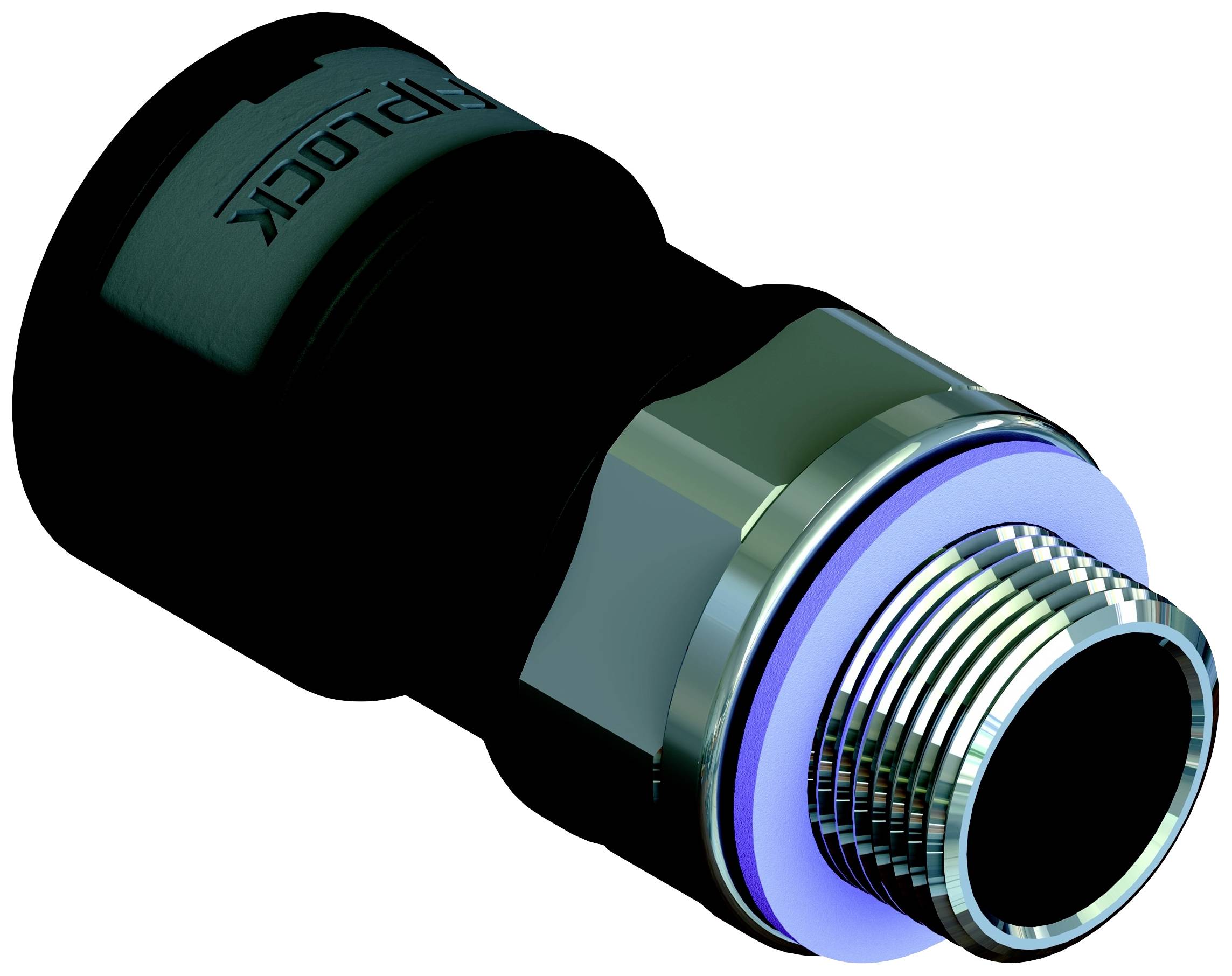 Ein Metallverbinder mit Gewinde, geeignet für pneumatische Systeme. Er hat eine dunkle Beschichtung und eine blaue Dichtung.