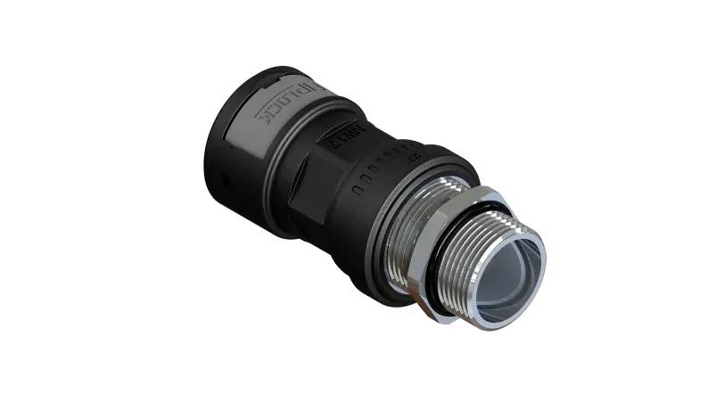 Ein schwarzer, zylindrischer Kabelverbinder aus Kunststoff und Metall. Der Verbinder hat ein Gewindeende und ist robust gestaltet.