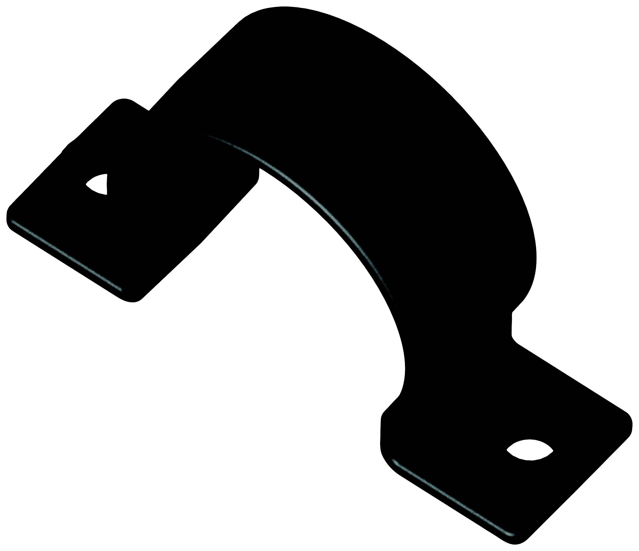Schwarzes, gebogenes Metallstück mit zwei rechteckigen Enden, jeweils mit einem Loch, vermutlich zur Befestigung bestimmt.