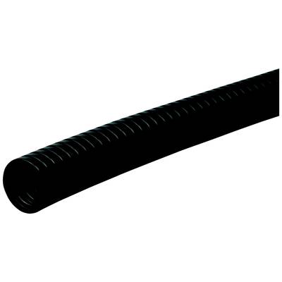 Schwarzer flexibler Schlauch, teilweise in Schatten, zeigt spiralförmige Struktur. Hauptsächlich für technische Anwendungen geeignet.