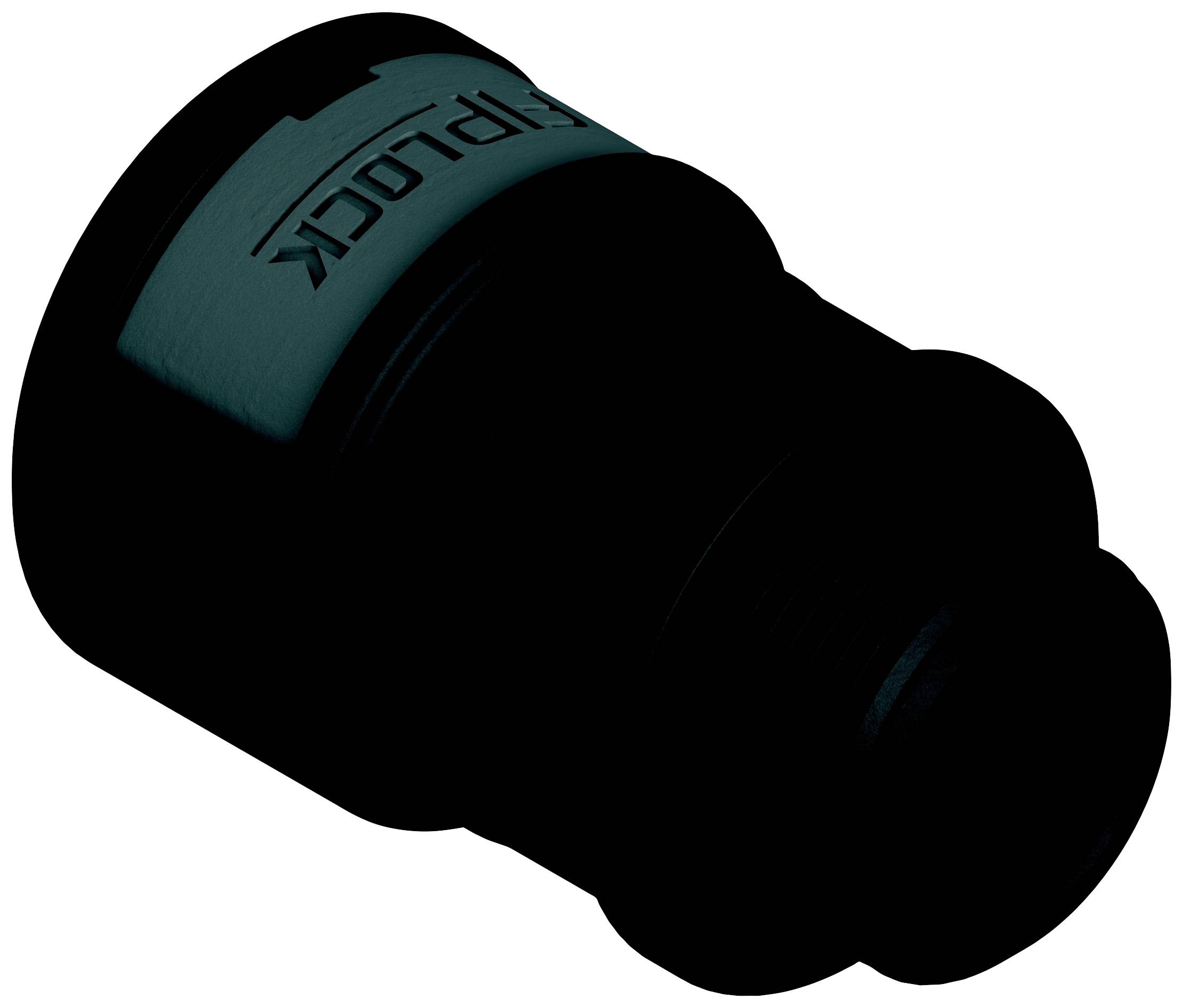 Ein schwarzer, zylindrischer Adapter mit Markenlogo auf der Oberseite, geeignet für technische oder industrielle Anwendungen.