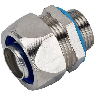 Metallkabelverschraubung mit blauem Dichtungsring, seitlich gelegen. Verwendet für sichere Kabelbefestigung und Schutz vor Feuchtigkeit.