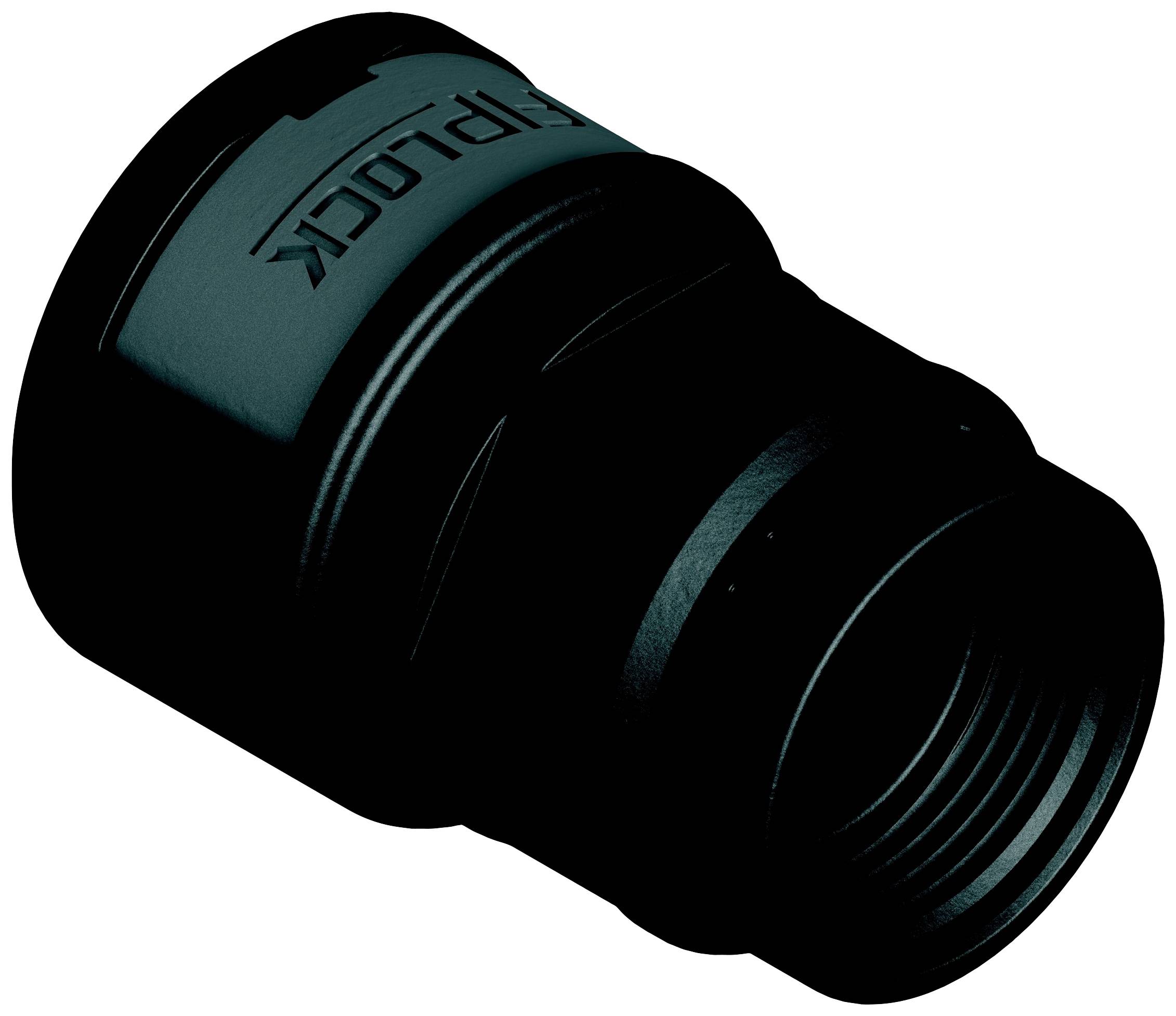 Ein schwarzer Adapter-Aufsatz mit Gewinde, gekennzeichnet mit der Aufschrift 'RTLPLOCK', vor weißem Hintergrund.