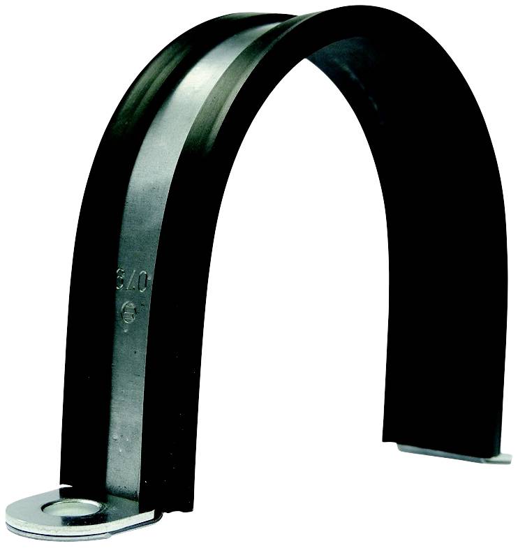 Eine schwarze Rohrschelle mit Metallverstärkung, aufrecht stehend.