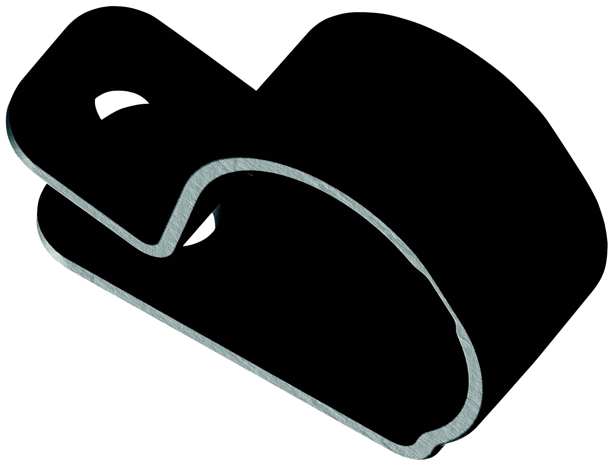 Ein schwarzer Schlauchhalter aus Metall in einer offenen, runden Form mit einem Befestigungsloch oben.