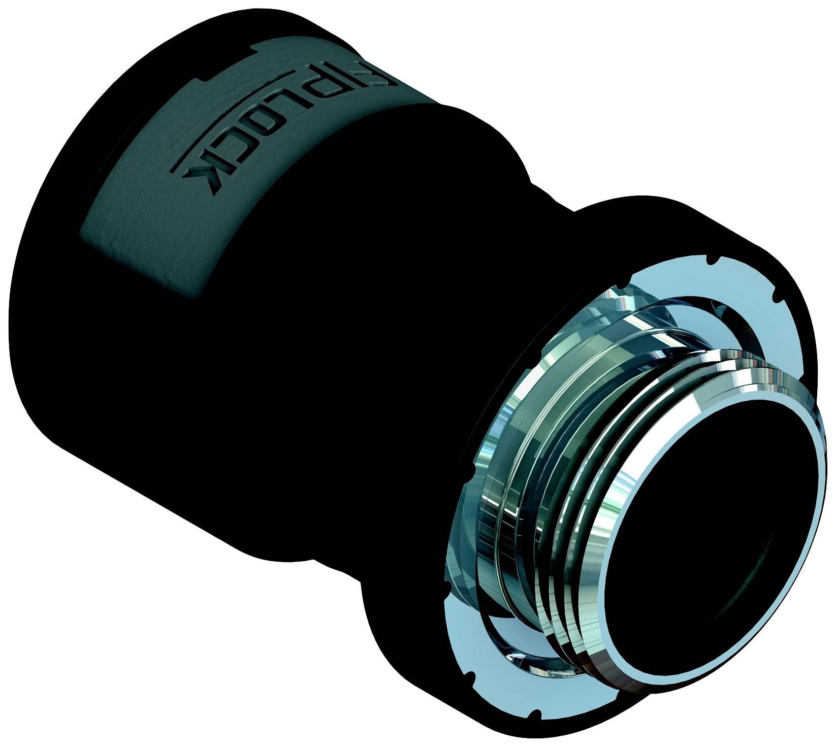 Ein schwarzer Stecker mit Metallringen, geeignet für eine Schlauchverbindung, zeigt Robustheit und Langlebigkeit.