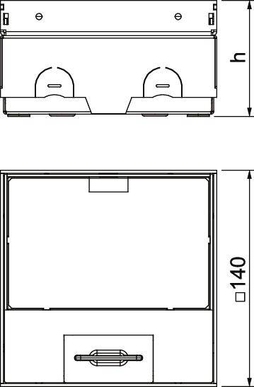 Technische Zeichnung eines rechteckigen Kastens mit Maßen h und 140 mm, zeigt Vorder- und Draufsicht mit Details der Öffnungen.