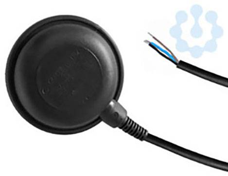 Schwarzer runder Sensor mit Kabel, aufgeschnitten und Drähte sichtbar. Symbol im Hintergrund rechts oben.