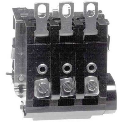 Ein schwarzer elektrischer Kontaktblock mit drei Metallschrauben für elektrische Verbindungen, in Nahaufnahme.