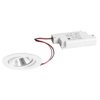 Eine LED-Einbauleuchte mit rundem Rahmen und separatem rechteckigem Transformator, verbunden durch zwei Kabel, vor weißem Hintergrund.