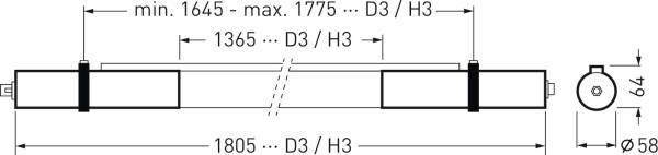 Diagramm einer linearen Stabkonstruktion mit verstellbarer Länge von 1645 bis 1775 mm. Seitenansicht zeigt Breite 65 mm, Höhe 64 mm.