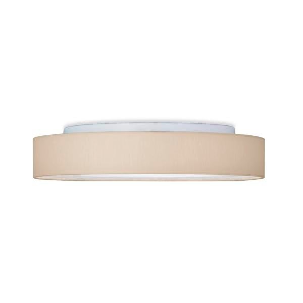 Runde Deckenleuchte mit beige-farbenem Schirm und weißem Diffusor, moderne und schlichte Gestaltung, für Innenräume geeignet.