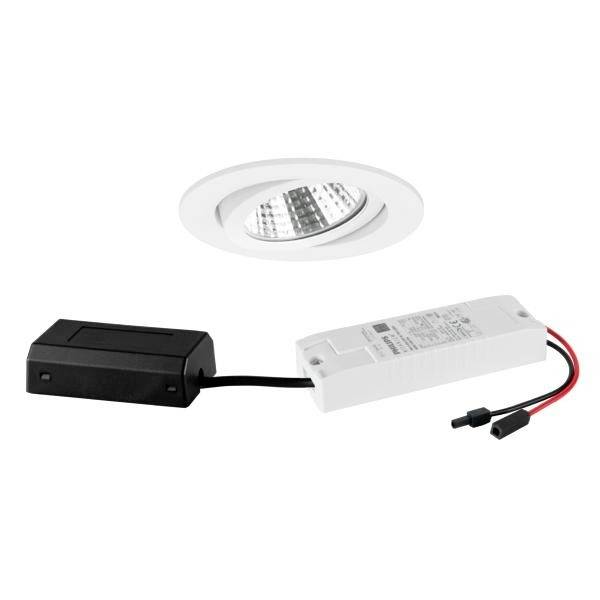 Runde LED-Deckeneinbauleuchte mit schwarzem und weißem externen Treiber. Energieeffizientes Design für moderne Beleuchtung.