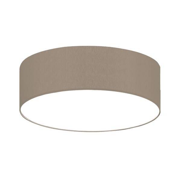 Runde, beige Deckenlampe mit schlichter Form, zentral platziert vor weißem Hintergrund.
