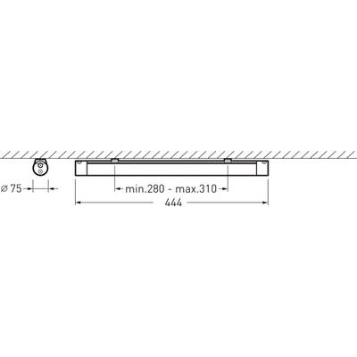 Technische Zeichnung eines rechteckigen Objekts mit einer Breite von 444 mm und einer verstellbaren Länge von 280 bis 310 mm.