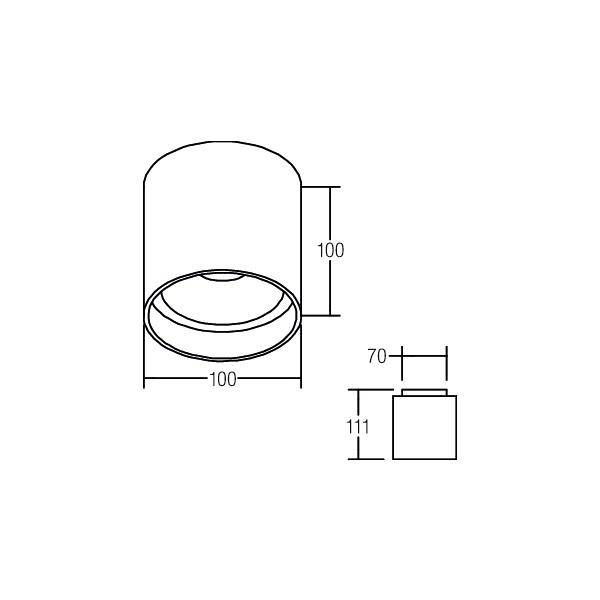 Ein technisches Diagramm einer zylindrischen Deckenlampe mit den Maßen: Durchmesser 100 mm, Höhe 100 mm, und Gesamthöhe 111 mm.
