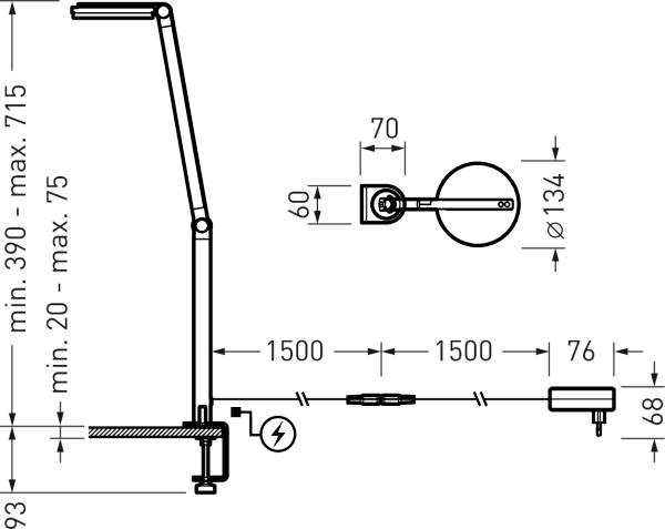 Technische Zeichnung einer verstellbaren Tischlampe mit Klemmbefestigung. Maße und Stromkabelanschluss sind dargestellt.