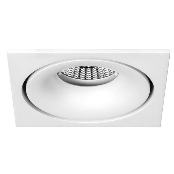 Weiße, quadratische LED-Einbauleuchte mit integriertem Reflektor in der Mitte, geeignet für deckenbündige Beleuchtung.