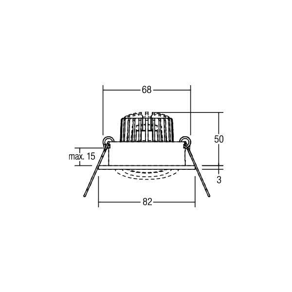 Technische Zeichnung einer runden LED-Einbauleuchte mit Abmessungen: Durchmesser 68 mm, Tiefe 50 mm, Gesamtbreite 82 mm.