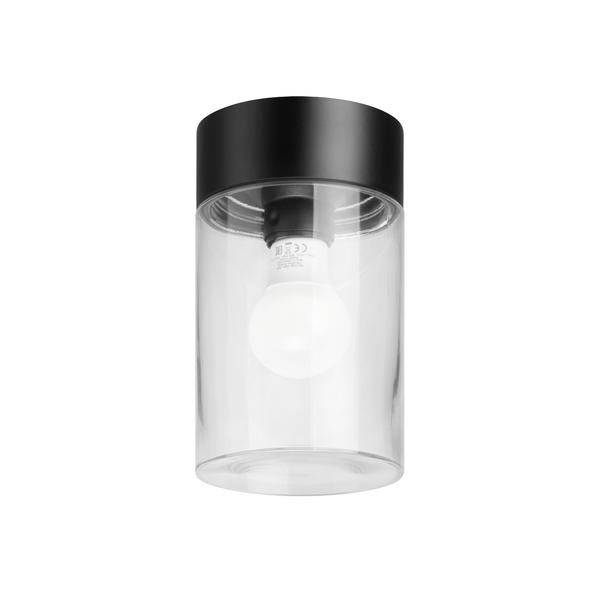 Eine Deckenleuchte mit transparentem Glaszylinder und schwarzem Sockel, erkennbar ist eine Glühbirne im Inneren des Zylinders.
