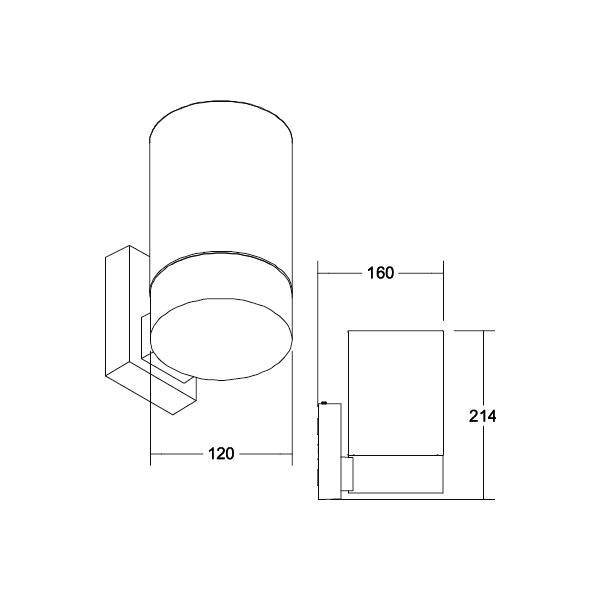 Zeichnung einer zylindrischen Wandlampe. Maße: Höhe 214 mm, Breite 160 mm, Tiefe 120 mm. Montiert an rechteckiger Basis.