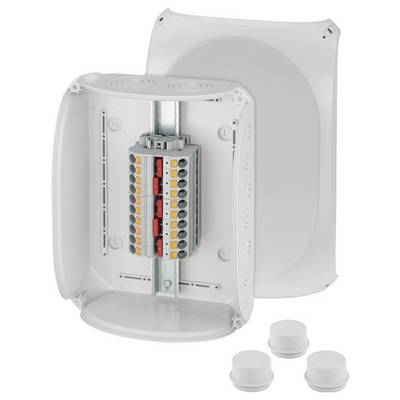 Elektronikbox mit offenem Gehäuse, zeigt montierte Mehrfachanschlüsse auf einer Schiene. Drei runde Abdeckungen sind daneben.
