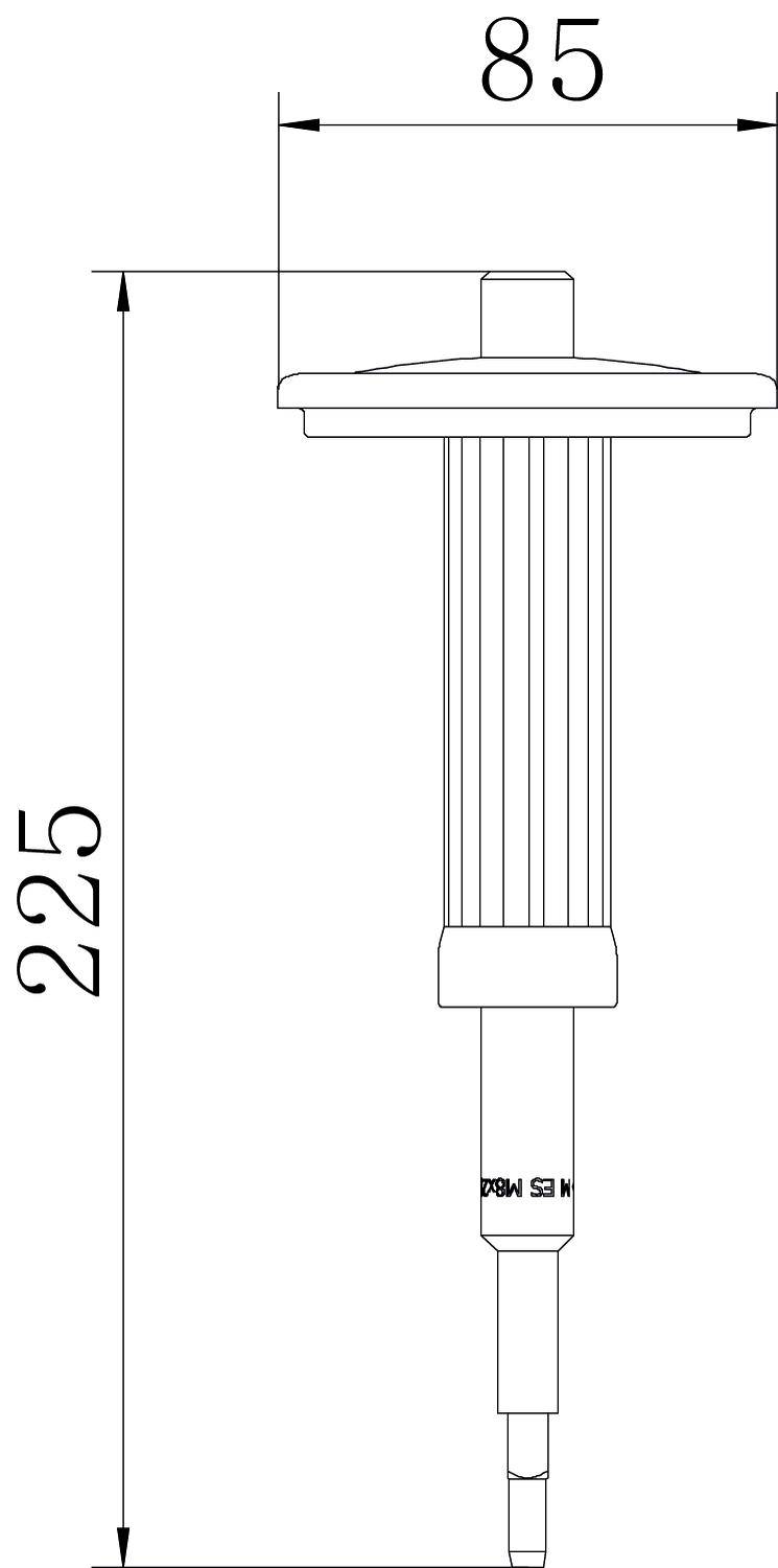 Technische Zeichnung eines zylinderförmigen Objekts mit vertikalen Rippen, einer Kappe oben und einer Basis unten. Maße: Höhe 225 mm, Breite 85 mm.