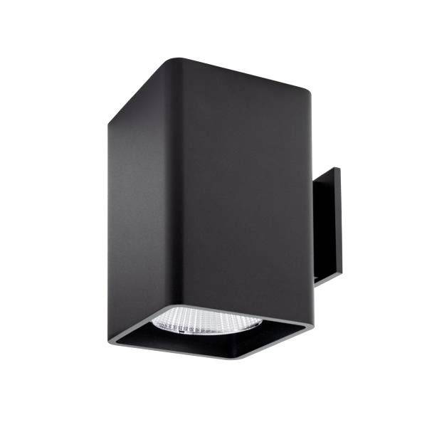 Schwarze, rechteckige Außenwandleuchte aus Metall mit modernem Design, geeignet für den Außenbereich, beleuchtet nach unten.