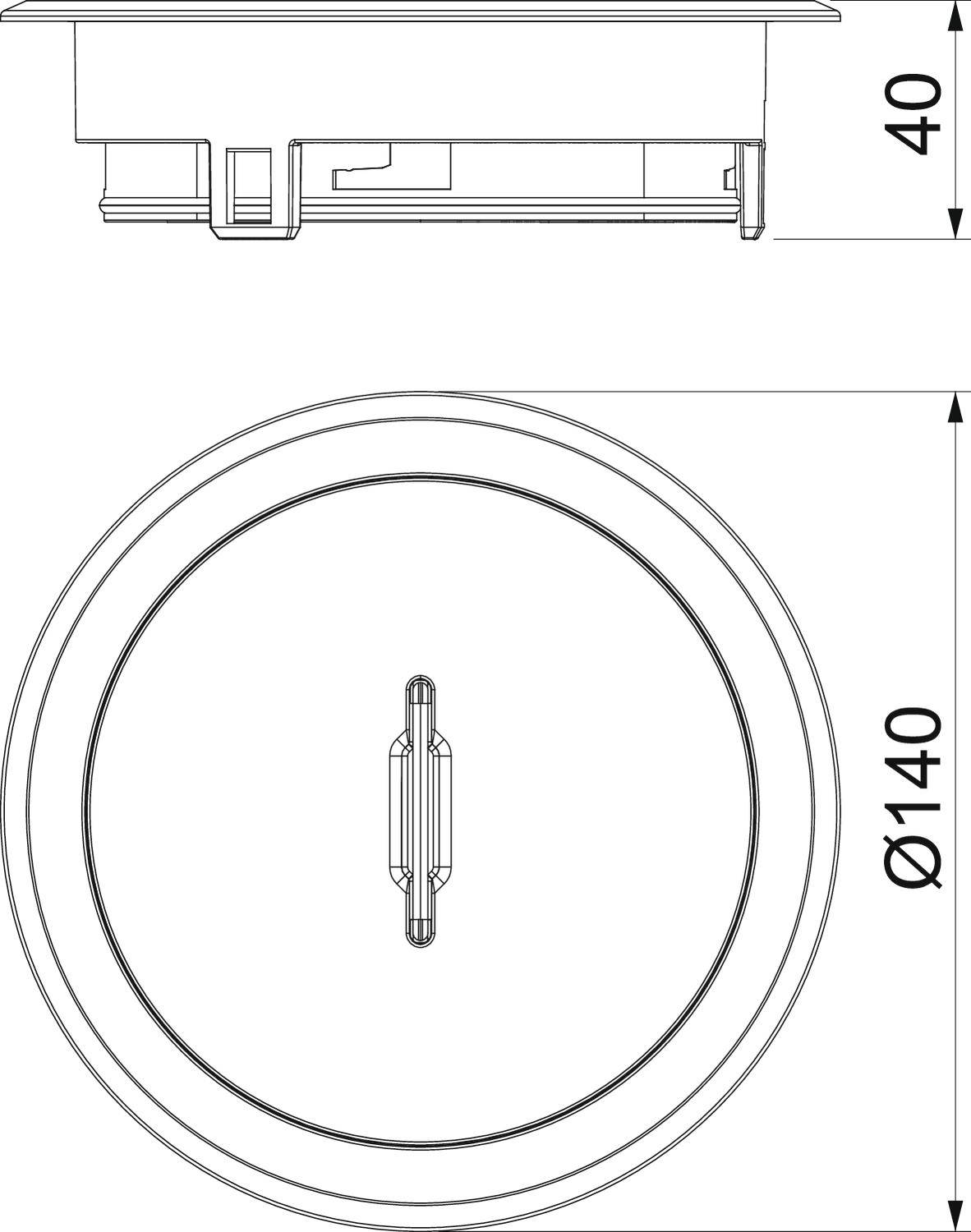Technische Zeichnung eines runden Einbausensors. Oben: Seitenansicht mit Tiefe 40 mm. Unten: Draufsicht mit Durchmesser 140 mm.