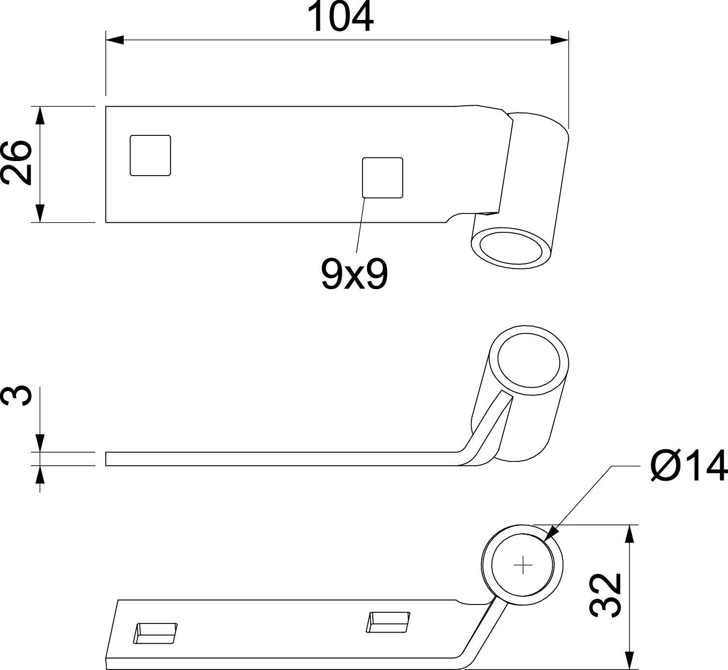 Technische Zeichnung eines Metallbeschlags mit Abmessungen: Länge 104 mm, Lochgröße 9x9 mm, Höhe 26 mm, Bohrung Ø14 mm, Breite 3 mm.