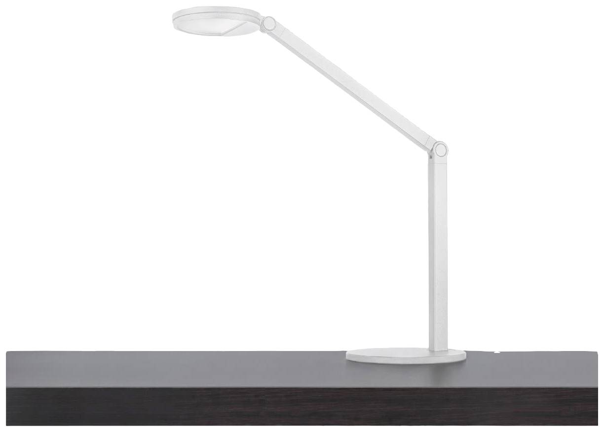 Eine moderne weiße Tischlampe mit schlankem, verstellbarem Arm steht auf einem dunklen Holzschreibtisch.