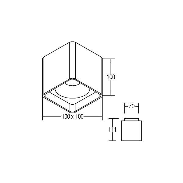 Technische Zeichnung eines würfelförmigen Deckenstrahlers mit den Maßen 100x100 mm und einer Höhe von 111 mm.