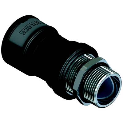 Eine schwarze Rohrkupplung mit glänzendem, metallischem Schraubgewinde und der Aufschrift 'IPS Lock' am breiteren Ende.